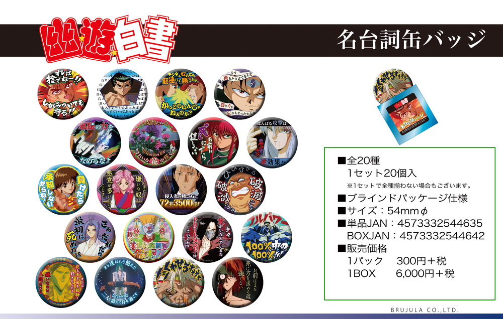 幽遊白書名台詞襟章 1盒件 幽 遊 白書名台詞缶バッジ 動漫產品 襟章 食玩及盒蛋